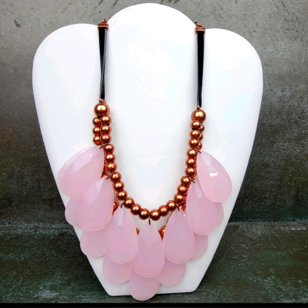 Joan Rivers DBL Strand Faceted Teardrop Necklace-Pink& Rosetone 16"Box Inc Vtg